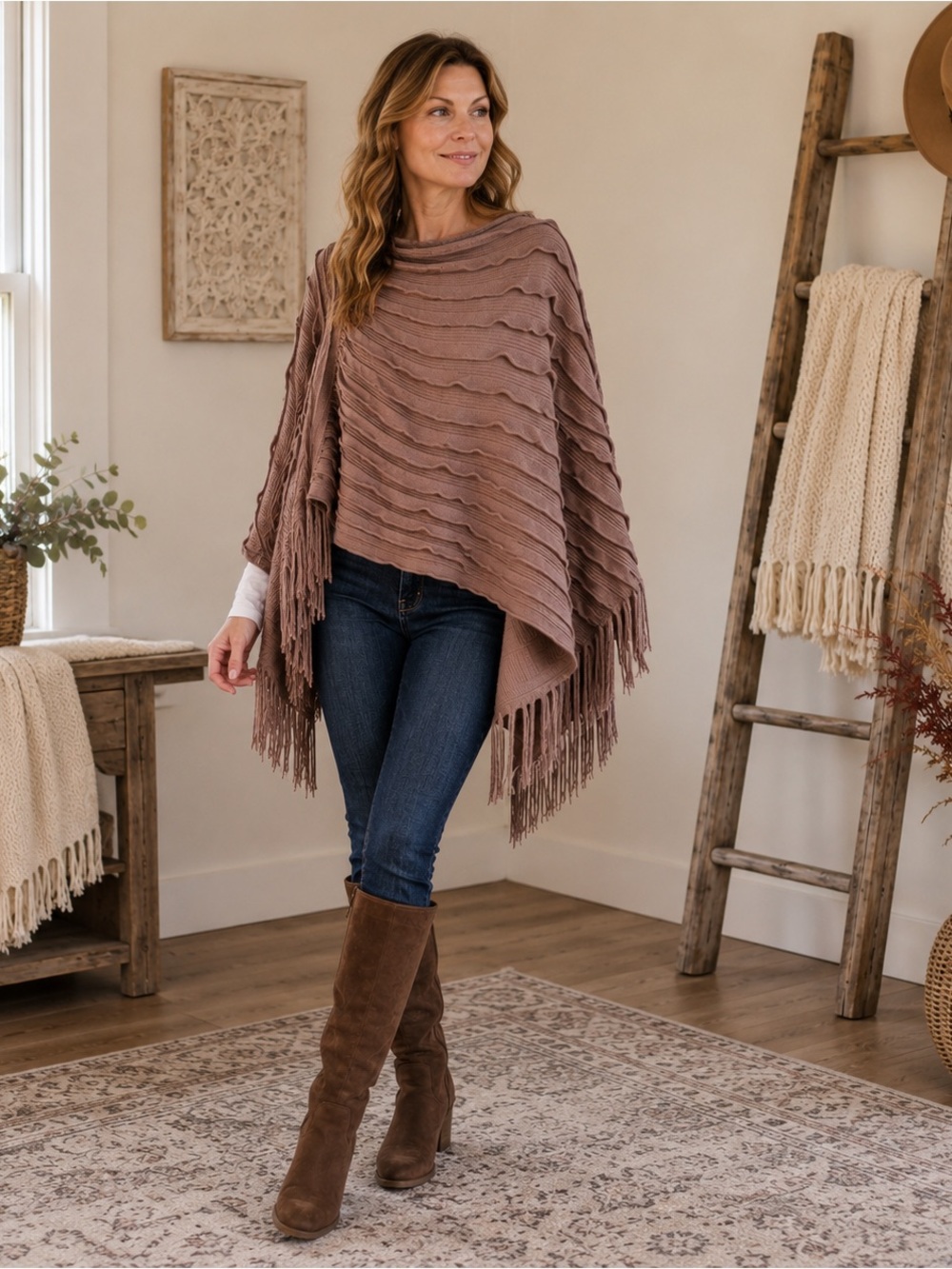 NWT Tickled Pink Taupe Ruffle Knit Poncho Fringe One Size
